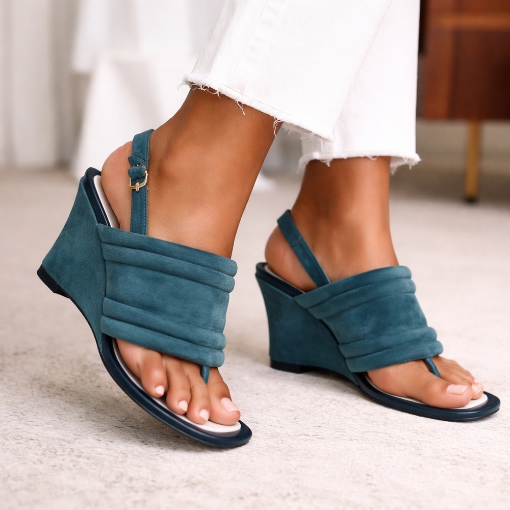 Tory Burch Teal Suede Wedge Sandals